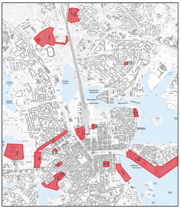 Kartta Helsingin uhanalaisista kulttuuriympäristöistä